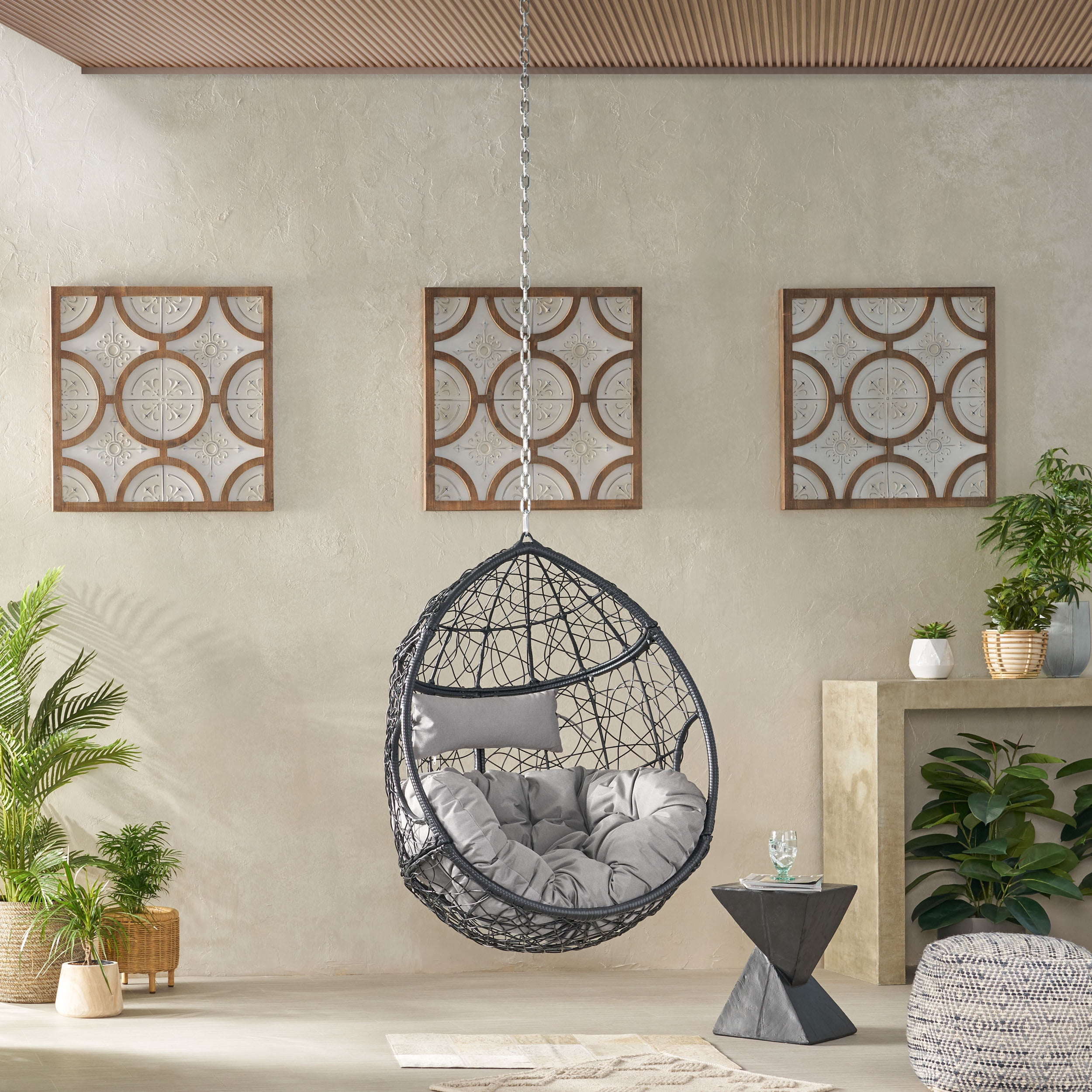 Outdoor Teardrop Shaped Hanging Chair with 8ft Chain, Wicker Weave Suspended Leisure Seat for Patio Garden, Brown and Beige