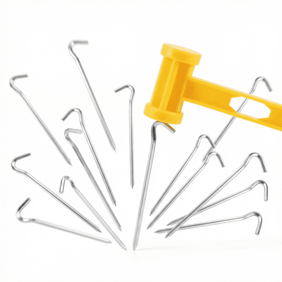 Tent Stakes Heavy Duty, 15 Pcs 7in Garden Stakes, Ground Stakes with Sharp End & Bottom Arc Design, Metal Stakes with Hook for Stability, Aluminum Alloy, with Yellow Hammer & Storage Bag