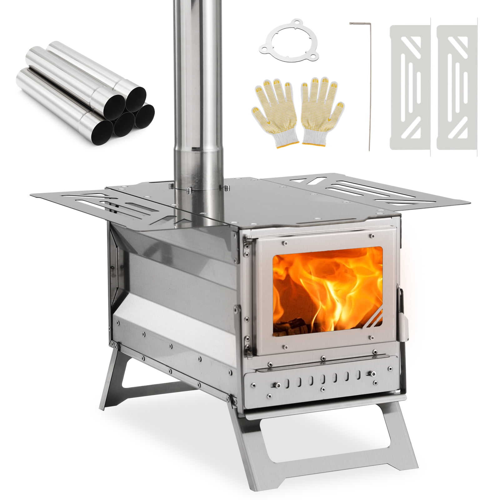Portable Wood Burning Tent Stove - 8 Stainless Steel Chimney Pipes, Folding Legs, For Camping & Heating