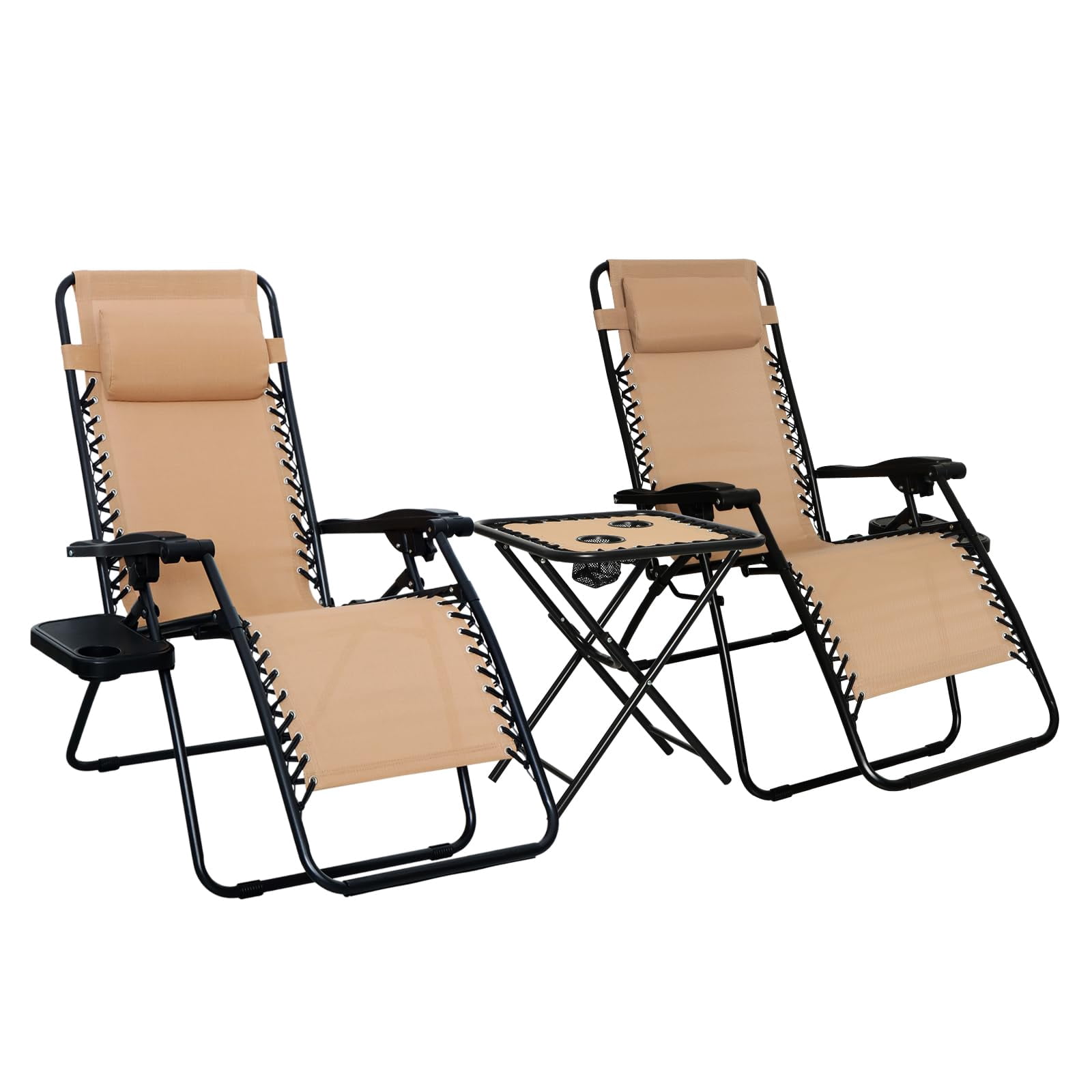 Outdoor Textilene Adjustable Zero Gravity Folding Reclining Lounge Chair Set with Cup Holder, Side Table, Headrest, Weather-Resistant, 35 x 26 x 43 inches, Beige, 2-Pack