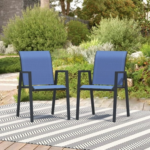 Outdoor Textilene Dining Chairs Set of 2, Stackable Patio Chairs with Metal Frame, Blue