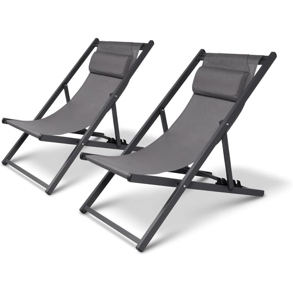 Outdoor Textilene Sling Chairs, Adjustable Chaise Lounge with Detachable Pillow, Folding Aluminum Beach Chairs for Patio Lawn Poolside, Grey