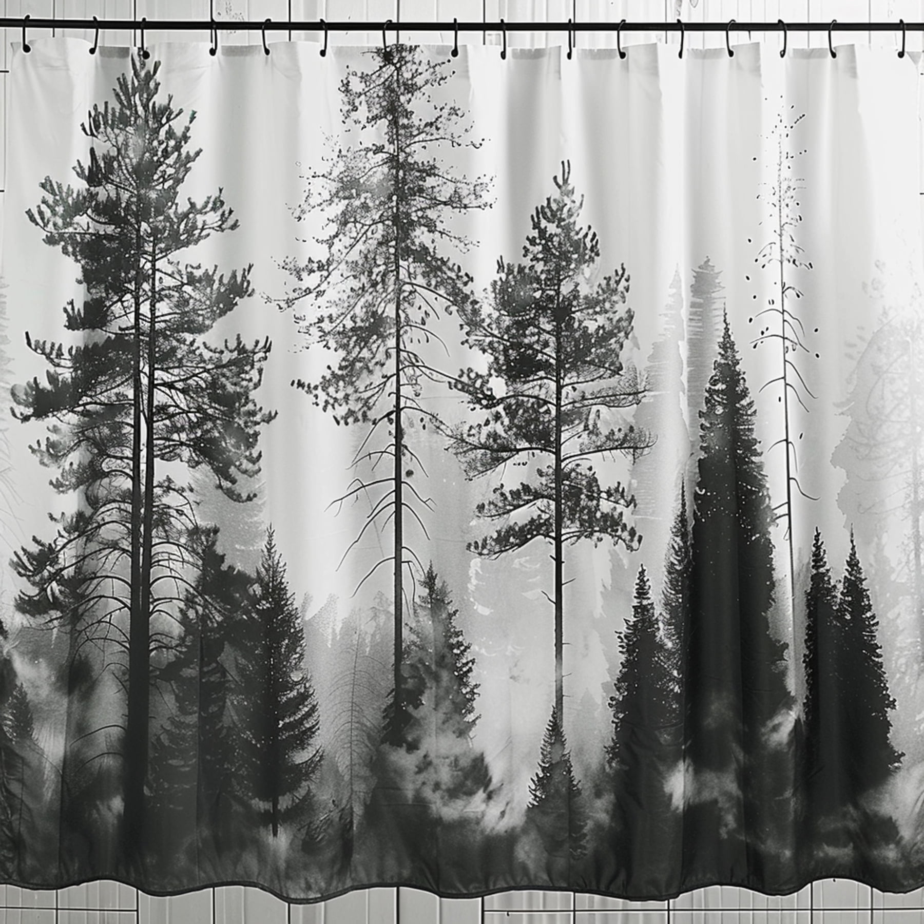 Outdoor Themed Shower Curtain Black & White Pine Tree Landscape Print