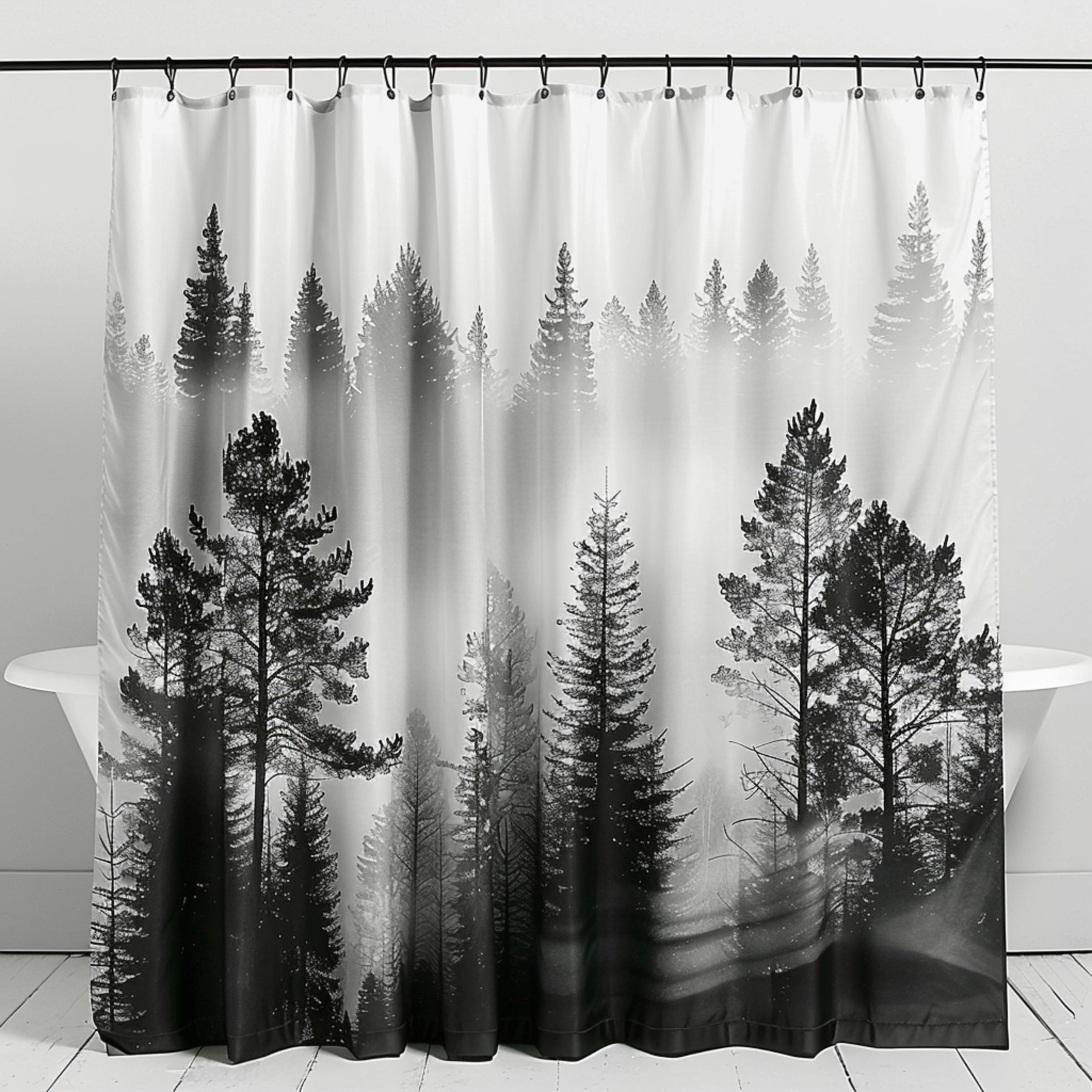 Outdoor Themed Shower Curtain with Black and White Pine Tree Landscape