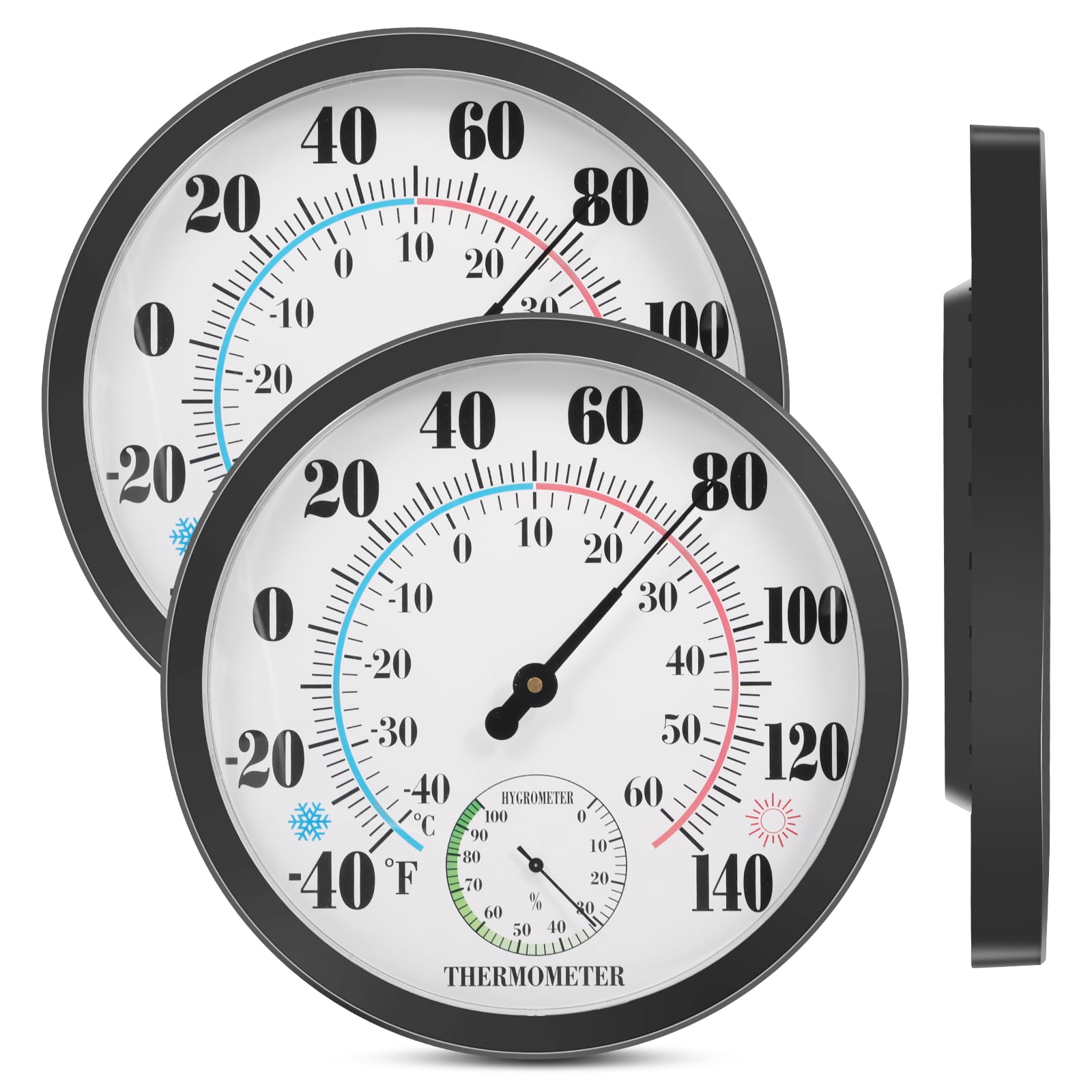 Outdoor Thermometer Hygrometer 10 Inch Round Black Wall Mount with High Gloss Finish Large Easy to Read Face for Patio Garden Garage Home Measure Temperature Humidity