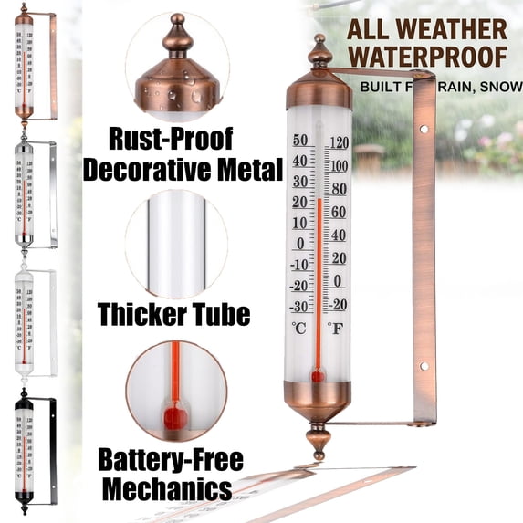 Outdoor Thermometer Waterproof, 10-Inch Adjustable Angle Outside Temperature Gauge - Decorative Metal Wall Thermometer for Patio & Garden, Silver