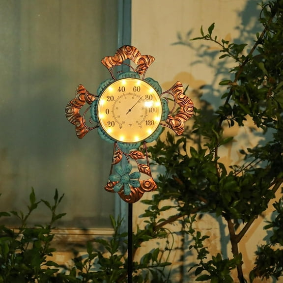 Outdoor Thermometers ,Indoor/Outdoor Wall Thermometer with Solar Led Light Cross And Flower Decor Temperature For Home,Garden Decor