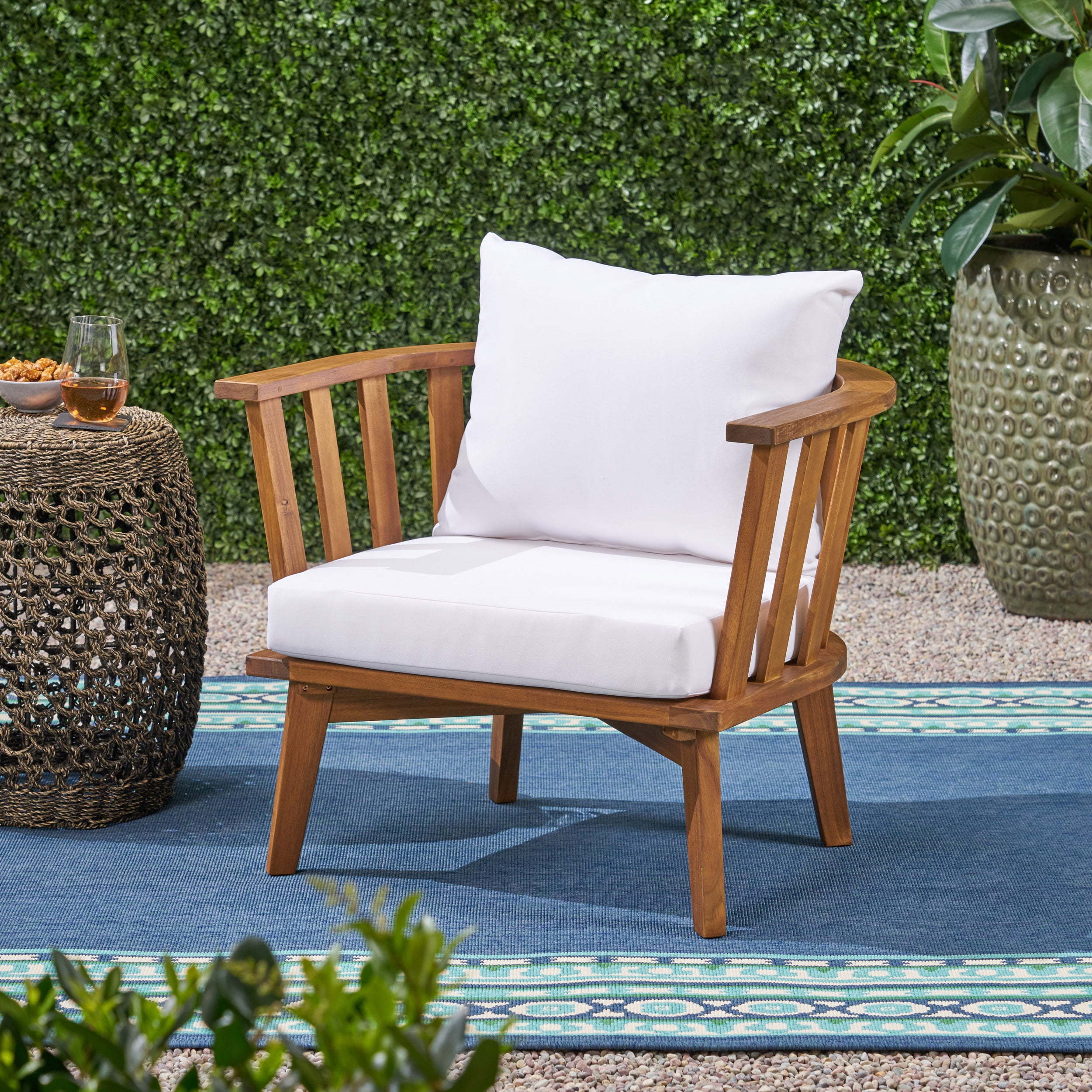 Outdoor Thick Cushioned Patio Club Chair, Acacia Wood Frame Weather Resistant Seat for Porch Garden, Teak and White