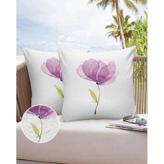 Outdoor Throw Pillow Cover Abstract Art Blossoming Floral Art Waterproof Cushion Covers 2 Pack Watercolor Purple Flower on White Pillow Cases Home Decoration for Patio Garden Couch Sofa