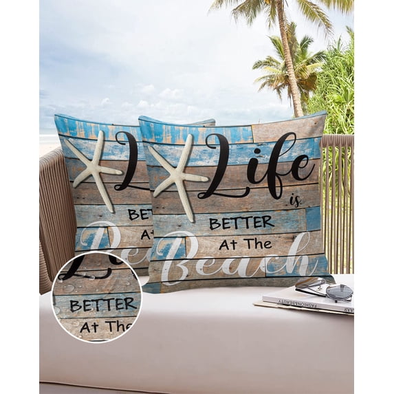 Outdoor Throw Pillow Cover Beach Life with Starfish Waterproof Cushion Covers 2 Pack Vintage Wooden Plank Pillow Cases Home Decoration for Patio Garden Couch Sofa