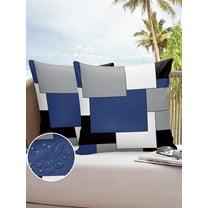 Outdoor Throw Pillow Cover Blue Black White Grey Art Waterproof Cushion Covers 2 Pack Splicing Modern Color Block Pillow Cases Home Decoration for Patio Garden Couch Sofa