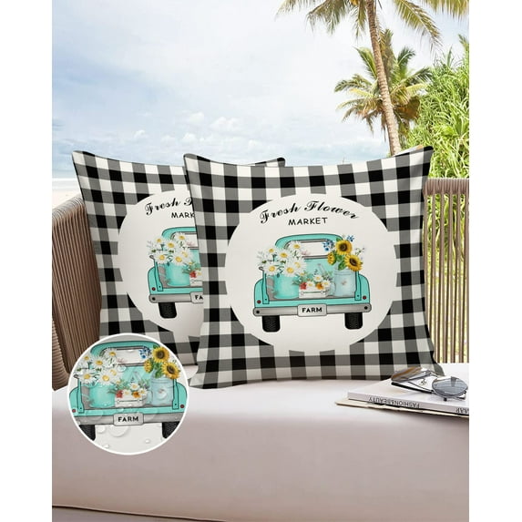 Outdoor Throw Pillow Cover Daisy and Sunflowers on Truck Waterproof Cushion Covers 2 Pack Black and White Buffalp Plaid Grid Pillow Cases Home Decoration for Patio Garden Couch Sofa