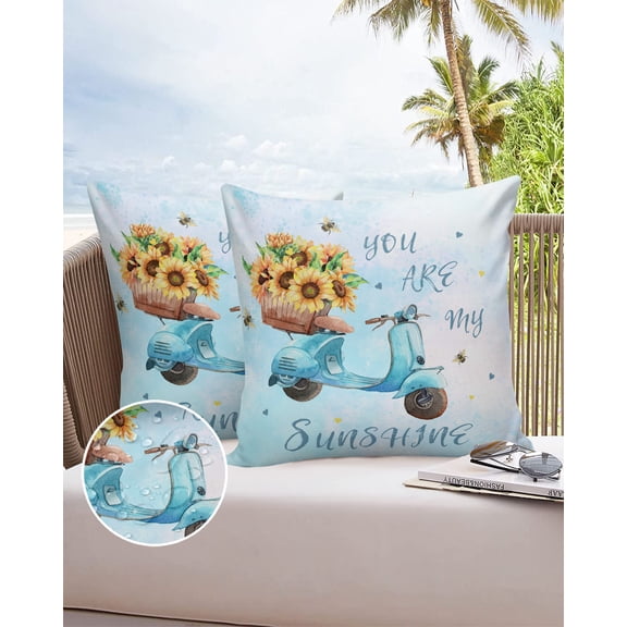Outdoor Throw Pillow Cover Farm Bee Watercolor Flowers Motorcycle Waterproof Cushion Covers 2 Pack Sunshine Blue Back Pillow Cases Home Decoration for Patio Garden Couch Sofa