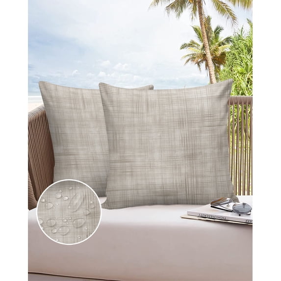 Outdoor Throw Pillow Cover Farm Rustic Burlap Linen Texture Waterproof Cushion Covers 2 Pack Vintage Lattice Lines Stripe Pillow Cases Home Decoration for Patio Garden Couch Sofa