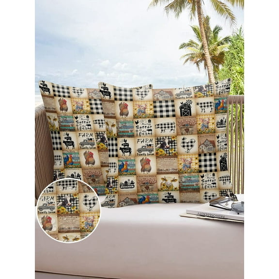 Outdoor Throw Pillow Cover Farm Truck Animal Buffalo Plaid Patchwork Waterproof Cushion Covers 2 Pack Vintage Farmhouse Pillow Cases Home Decoration for Patio Garden Couch Sofa