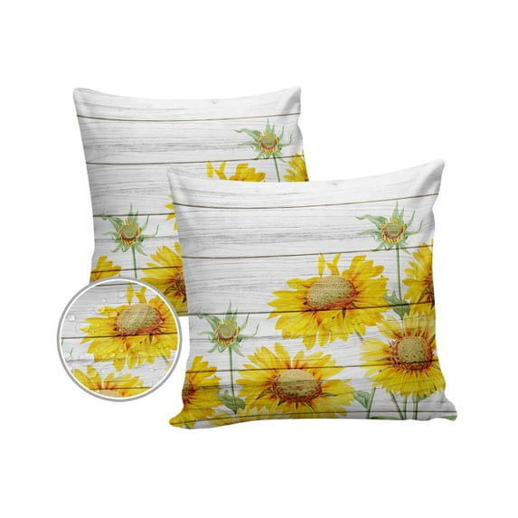 Outdoor Throw Pillow Cover Farm Watercolor Blooming Sunflowers Waterproof Cushion Covers 2 Pack Wooden Planks Pillow Cases Home Decoration for Patio Garden Couch Sofa