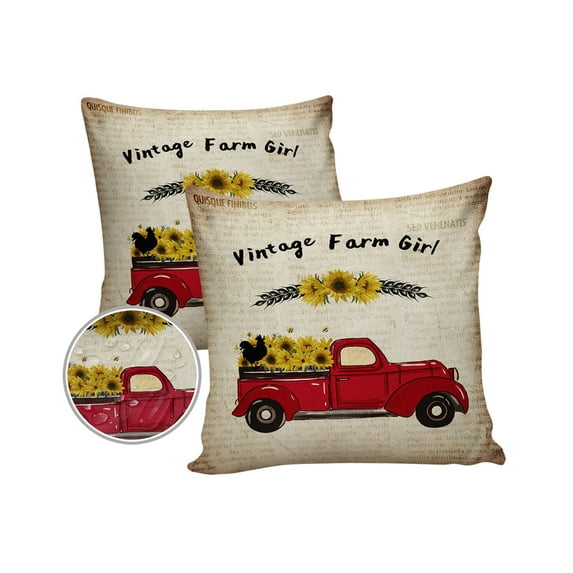 Outdoor Throw Pillow Cover Farmhouse Old Red Truck with Sunflowers Waterproof Cushion Covers 2 Pack Old Newspapers Pillow Cases Home Decoration for Patio Garden Couch Sofa