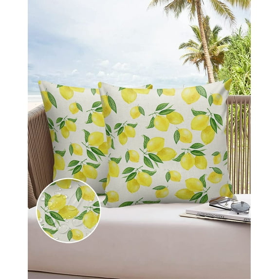 Outdoor Throw Pillow Cover Farmhouse Watercolor Yellow Lemon Waterproof Cushion Covers 2 Pack Fruit and Green Leaf on Burlap Pillow Cases Home Decoration for Patio Garden Couch Sofa