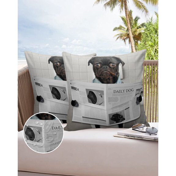 Outdoor Throw Pillow Cover Funny Animals Dog Reading Newspaper on Toilet Waterproof Cushion Covers 2 Pack Pug Puppy Pillow Cases Home Decoration for Patio Garden Couch Sofa