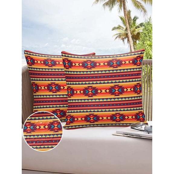 Outdoor Throw Pillow Cover Indian Geometric Ethnic Tribal Art Waterproof Cushion Covers 2 Pack Abstract Vintage Native Texture Pillow Cases Home Decoration for Patio Garden Couch Sofa