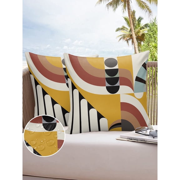 Outdoor Throw Pillow Cover Mid Century Abstract Geometric Waterproof Cushion Covers 2 Pack Retro Symbols Art Pillow Cases Home Decoration for Patio Garden Couch Sofa
