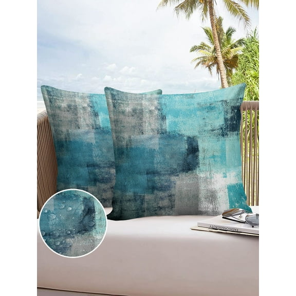 Outdoor Throw Pillow Cover Modern Abstract Art Geometric Plaid Waterproof Cushion Covers 2 Pack Gray Blue Pillow Cases Home Decoration for Patio Garden Couch Sofa