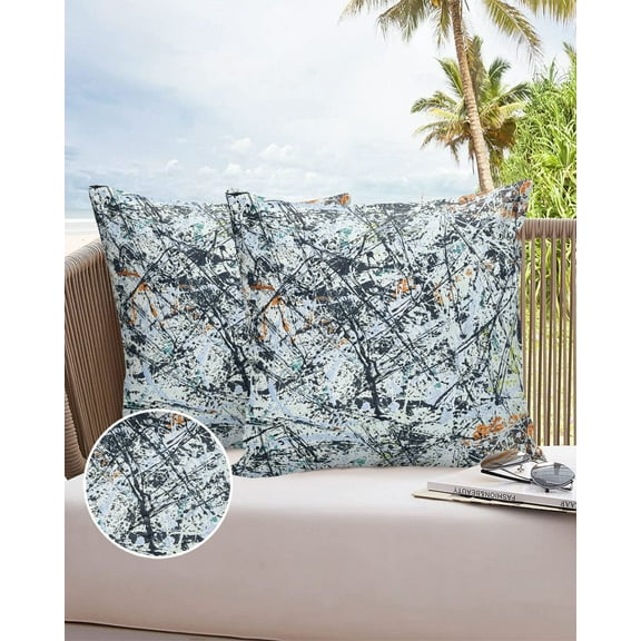 Outdoor Throw Pillow Cover Modern Abstract Splash Art Waterproof Cushion Covers 2 Pack Black Blue Orange Color Graffiti Pillow Cases Home Decoration for Patio Garden Couch Sofa