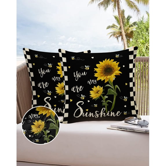Outdoor Throw Pillow Cover My SunshineSunflower Bee Waterproof Cushion Covers 2 Pack Vintage Black White Checkered Pillow Cases Home Decoration for Patio Garden Couch Sofa