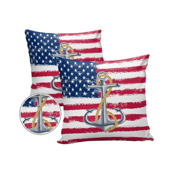 Outdoor Throw Pillow Cover Nautical Anchor on America Flag Waterproof Cushion Covers 2 Pack Star Stripes Red Blue White Pillow Cases Home Decoration for Patio Garden Couch Sofa