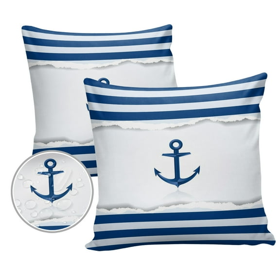 Outdoor Throw Pillow Cover Nautical Navy Blue Anchor on White Waterproof Cushion Covers 2 Pack Stripes Pillow Cases Home Decoration for Patio Garden Couch Sofa