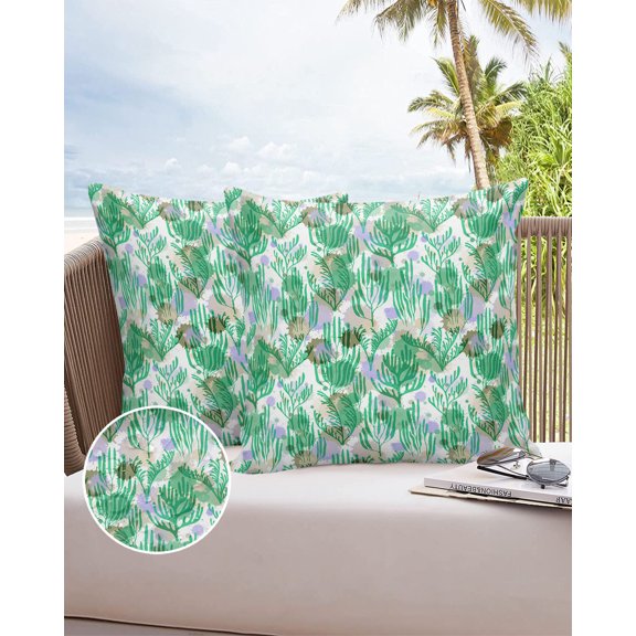 Outdoor Throw Pillow Cover Ocean Marine Green Coral Seaweed Waterproof Cushion Covers 2 Pack Lavender Brown Color Dot on White Pillow Cases Home Decoration for Patio Garden Couch Sofa