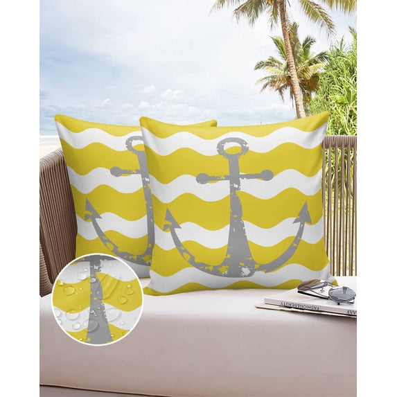 Outdoor Throw Pillow Cover Ocean Nautical Anchor on Wave Waterproof Cushion Covers 2 Pack Yellow and White Wavy Stripe Pillow Cases Home Decoration for Patio Garden Couch Sofa