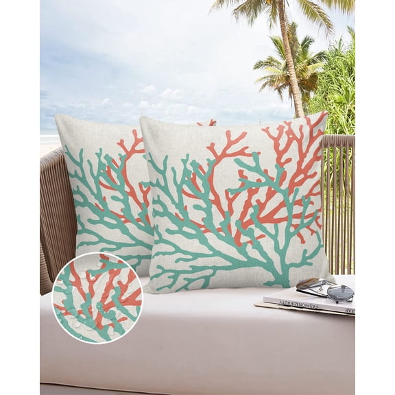 Outdoor Throw Pillow Cover Ocean Teal and Orange Sea Coral on Linen Waterproof Cushion Covers 2 Pack Nautical Abstract Marine Life Pillow Cases Home Decoration for Patio Garden Couch Sofa
