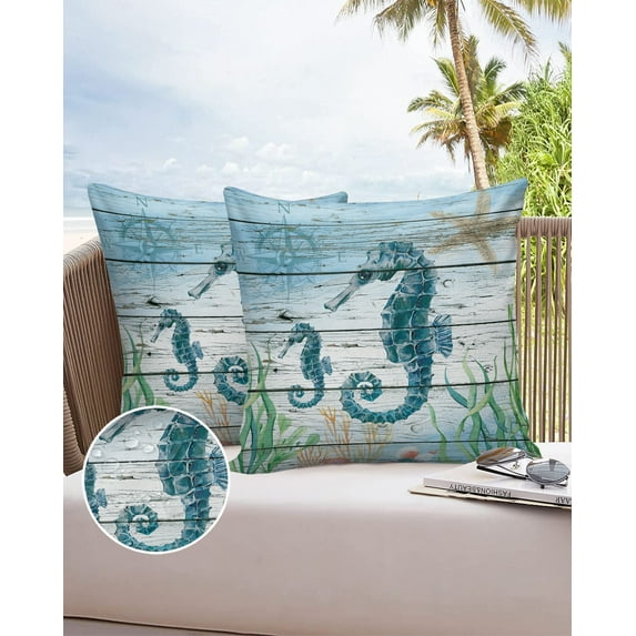 Outdoor Throw Pillow Cover Ocean Theme Seahorse Coral Compass Waterproof Cushion Covers 2 Pack Marine Nautical on Wood Barn Pillow Cases Home Decoration for Patio Garden Couch Sofa