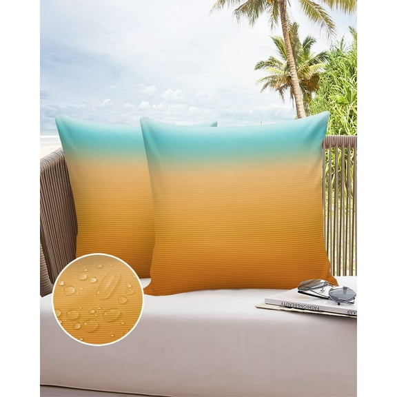 Outdoor Throw Pillow Cover Orange and Teal Color Ombre Waterproof Cushion Covers 2 Pack Stripe Minimalist Abstract Art Pillow Cases Home Decoration for Patio Garden Couch Sofa