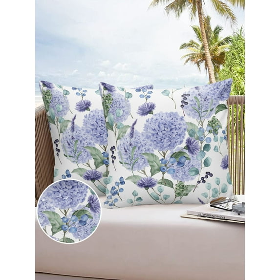 Outdoor Throw Pillow Cover Purple Hydrangea Flower Blueberry Waterproof Cushion Covers 2 Pack Watercolor Floral Leaves on White Pillow Cases Home Decoration for Patio Garden Couch Sofa