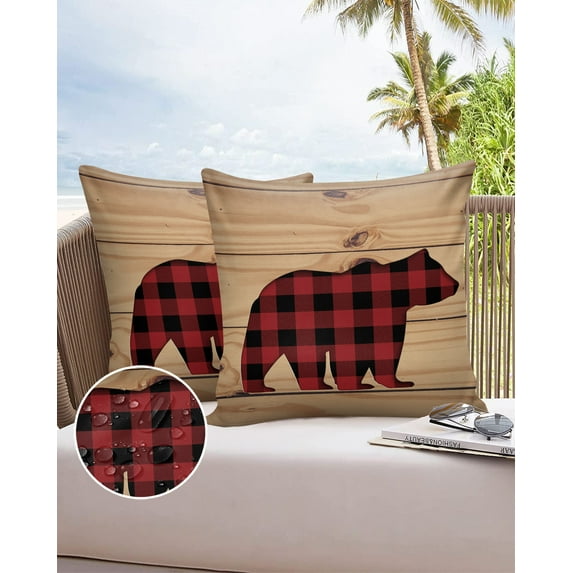Outdoor Throw Pillow Cover Red Buffalo Plaid Bear Animal Waterproof Cushion Covers 2 Pack Vintage Wood Borad Pillow Cases Home Decoration for Patio Garden Couch Sofa
