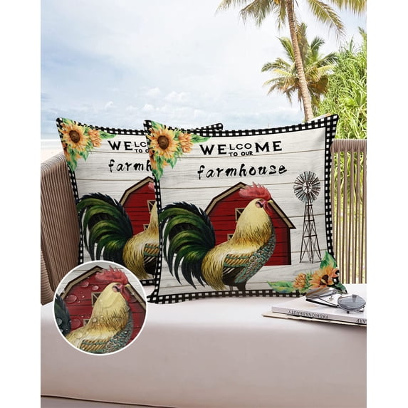 Outdoor Throw Pillow Cover Rooster Sunflowers and Windmill Waterproof Cushion Covers 2 Pack Farmhouse Vintage Wood Board Pillow Cases Home Decoration for Patio Garden Couch Sofa