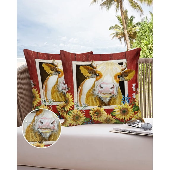 Outdoor Throw Pillow Cover Rural Farm Cow Sunflower Waterproof Cushion Covers 2 Pack Pastoral Style Red Barn Pillow Cases Home Decoration for Patio Garden Couch Sofa
