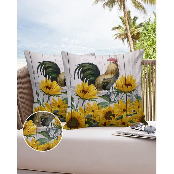 Outdoor Throw Pillow Cover Rustic Farm Rooster Animals Sunflowers Waterproof Cushion Covers 2 Pack Vintage Wooden Planks Pillow Cases Home Decoration for Patio Garden Couch Sofa