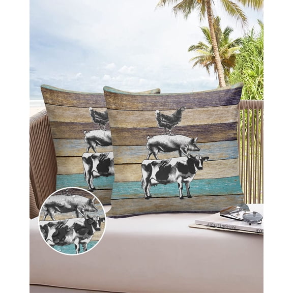 Outdoor Throw Pillow Cover Rustic Farmhouse Cow Pig Chicken on Blue Teal Wood Waterproof Cushion Covers 2 Pack Retro Pillow Cases Home Decoration for Patio Garden Couch Sofa