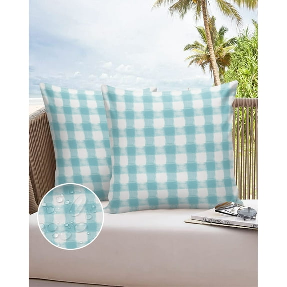 Outdoor Throw Pillow Cover Rustic Farmhouse Watercolor Teal Buffalo Plaid Waterproof Cushion Covers 2 Pack Rural Country Pillow Cases Home Decoration for Patio Garden Couch Sofa
