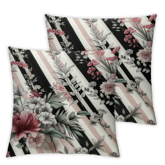 Outdoor Throw Pillow Cover Spring Pink Flower and Green Leaves Waterproof Cushion Pack Black and White Plaid Pillow Cases Home Decoration for Patio Garden Couch Sofa