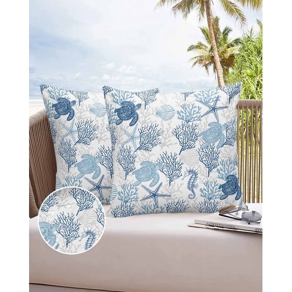 Outdoor Throw Pillow Cover Summer Marine Turtle Coral Starfish Waterproof Cushion Covers 2 Pack Watercolor Ocean Shell on White Pillow Cases Home Decoration for Patio Garden Couch Sofa