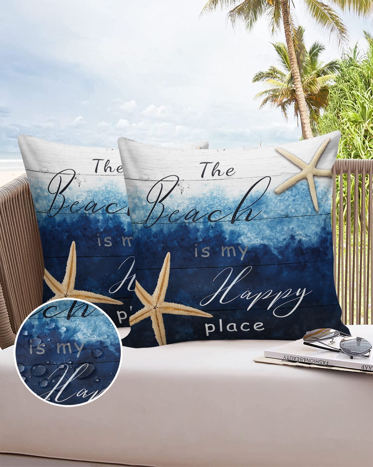Outdoor Throw Pillow Cover Summer Starfish Beach Happy Place Waterproof