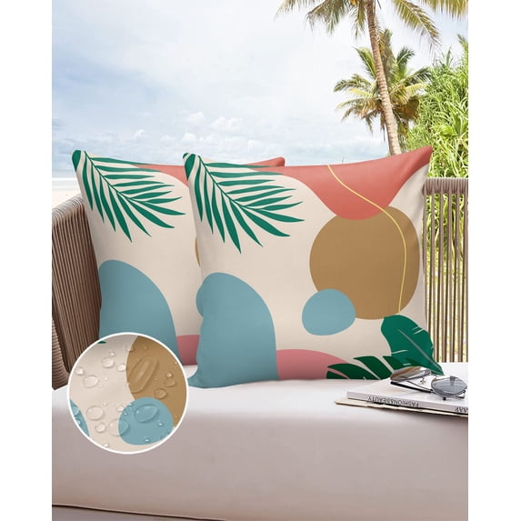 Outdoor Throw Pillow Cover Tropical Green Leaf Color Block Waterproof Cushion Covers 2 Pack Abstract Geometric Art Pillow Cases Home Decoration for Patio Garden Couch Sofa
