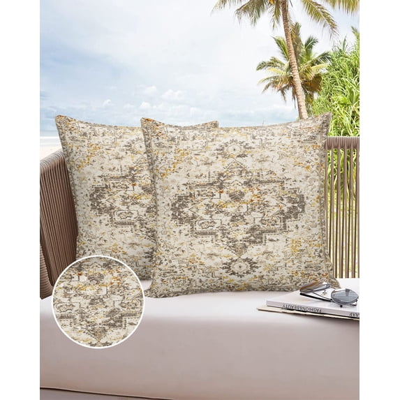 Outdoor Throw Pillow Cover Vintage Abstract Geometric Texture Waterproof Cushion Covers 2 Pack Brown Retro Vague Pattern Pillow Cases Home Decoration for Patio Garden Couch Sofa