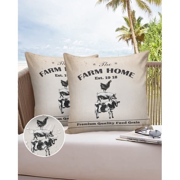 Outdoor Throw Pillow Cover Vintage Country Animal Cattle Pigs Hens Waterproof Cushion Covers 2 Pack Black Farm Home Pillow Cases Home Decoration for Patio Garden Couch Sofa