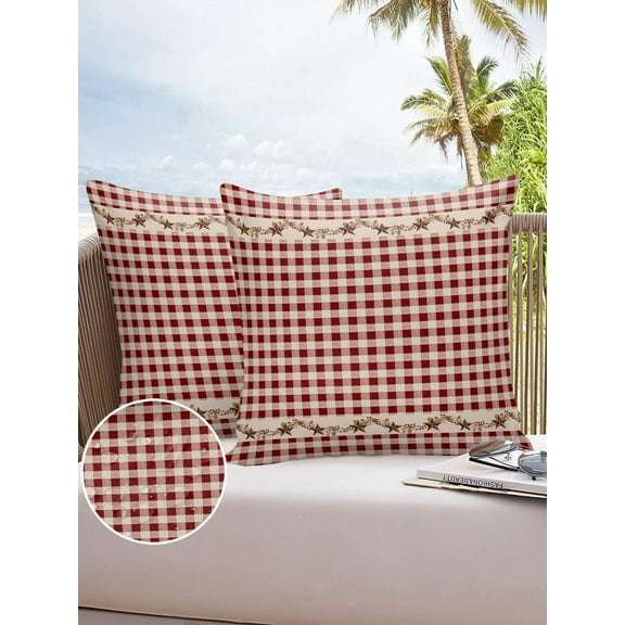 Outdoor Throw Pillow Cover Vintage Farm Red White Grid Plaid Waterproof Cushion Covers 2 Pack Rustic Western Star and Berry Pillow Cases Home Decoration for Patio Garden Couch Sofa