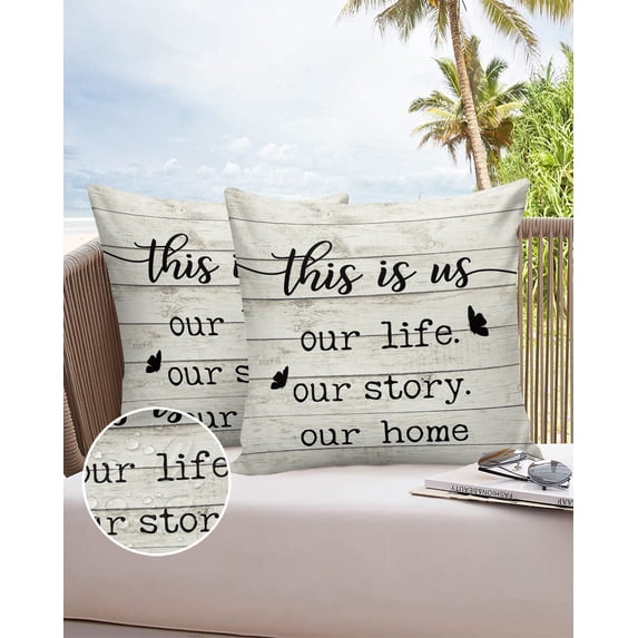 Outdoor Throw Pillow Cover Vintage Farmhouse Wooden Board Waterproof Cushion Covers 2 Pack This is Us Our life Our Story Our Home Pillow Cases Home Decoration for Patio Garden Couch Sofa